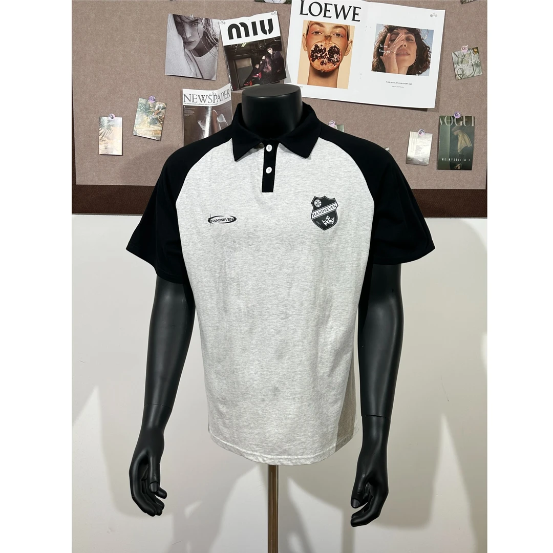 HandSeven夏季美式校园风POLO领撞色印花短袖T恤休闲男女同款上衣