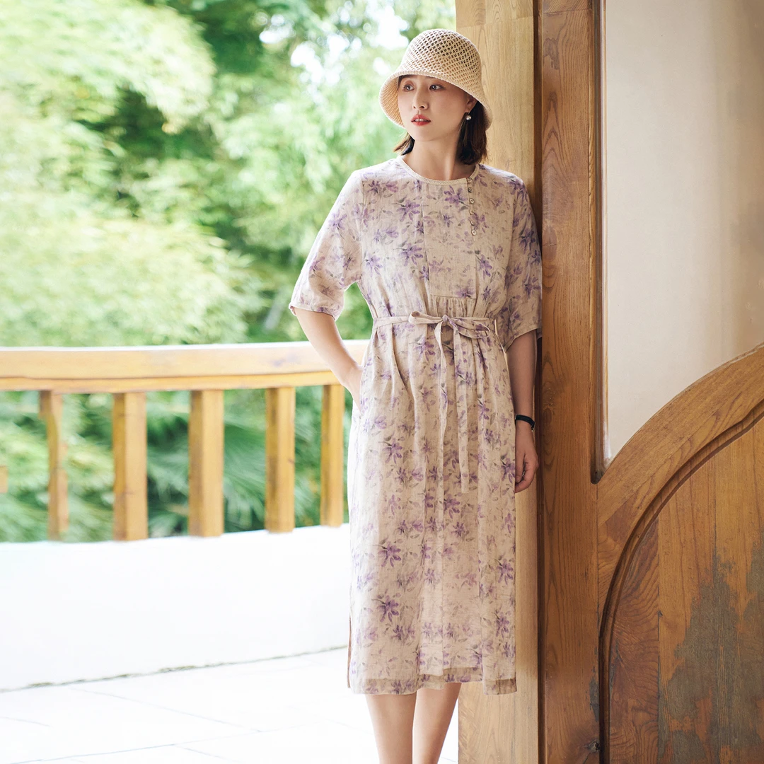梭家｜眺望｜简约通勤纯亚麻印花圆领连衣裙夏季女文艺中长裙宽松