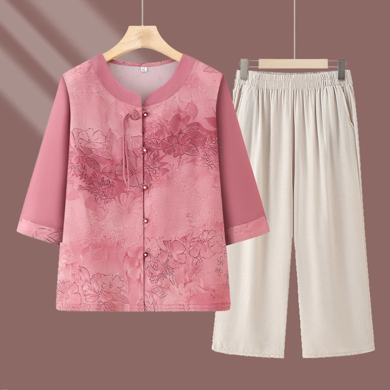 妈妈夏装2025新款中老年人女装七分袖衬衣老人衣服奶奶装夏季衬衫