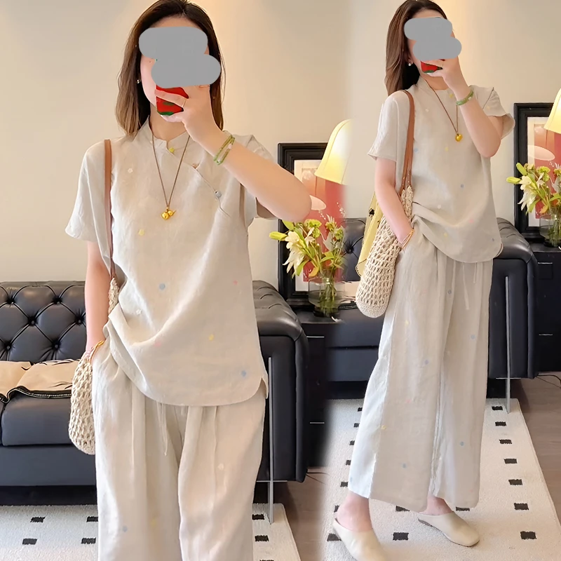 气质国风文艺出游减龄防晒短袖短裤两件套2025夏季宽松休闲显瘦女