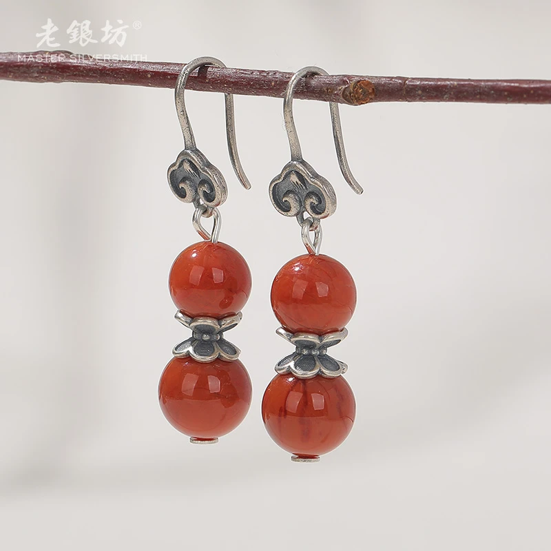 【老银坊】s925银南红玛瑙如意葫芦耳坠 品质珠宝 0014973