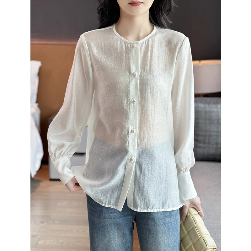 左左家 国风叠穿BI入~宽松圆领轻薄透气天丝衬衫纯色长袖防晒上衣