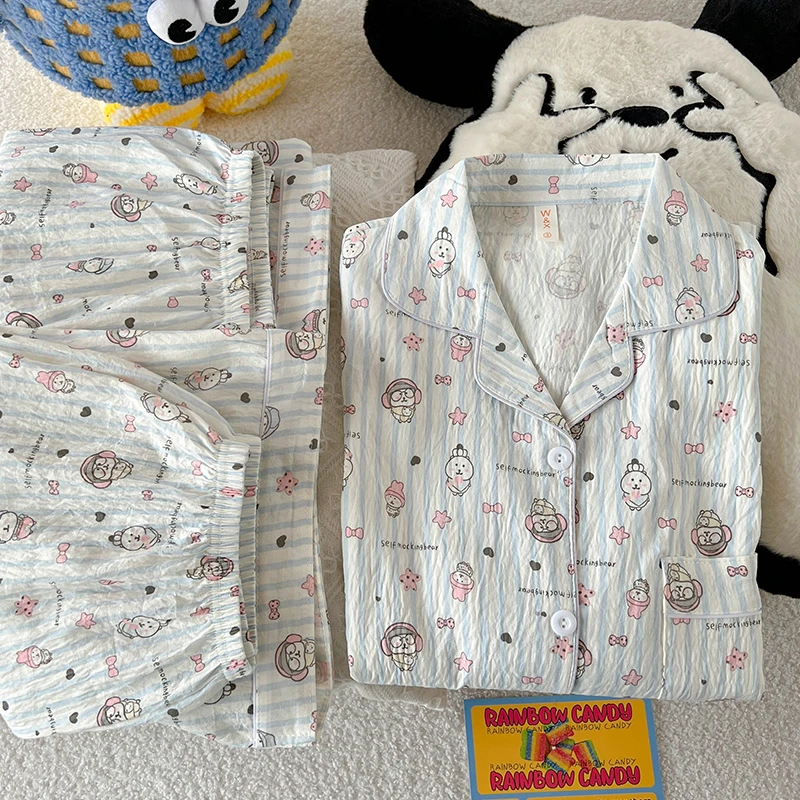 【短袖细绵纱】睡衣女夏季短袖长裤卡通日系ins风夏天三件套家居服