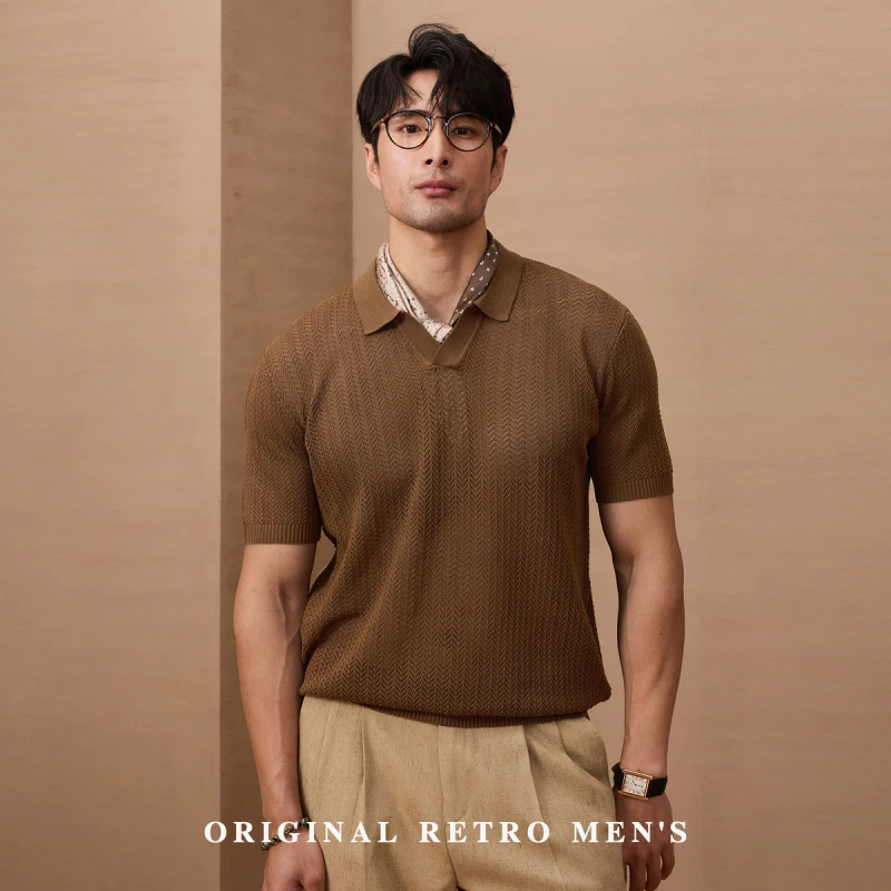 德国轻奢复古老钱优雅海鸥领马球POLO衫男士镂空肌理感针织短袖