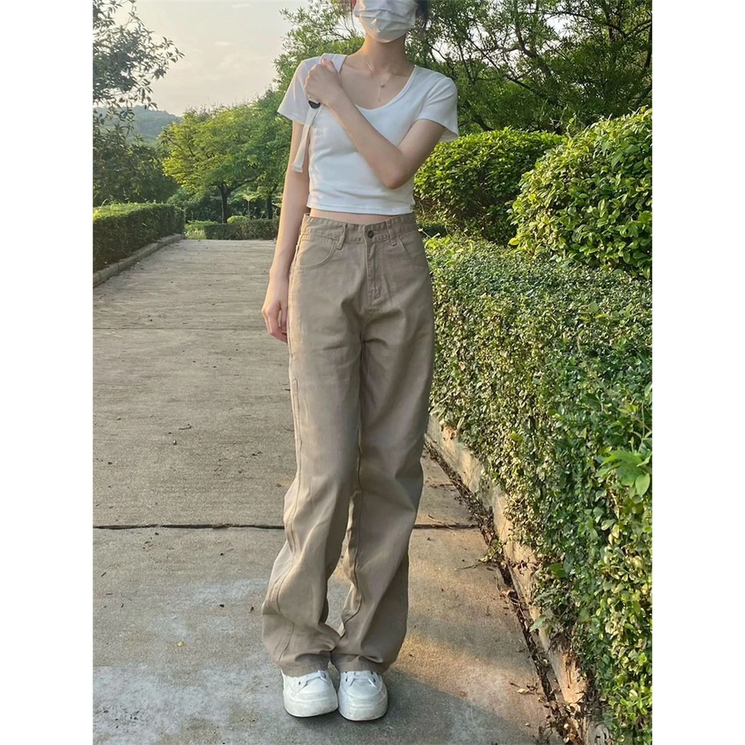 小个子直筒宽松显瘦阔腿裤高腰百搭复古小众韩版设计感牛仔裤