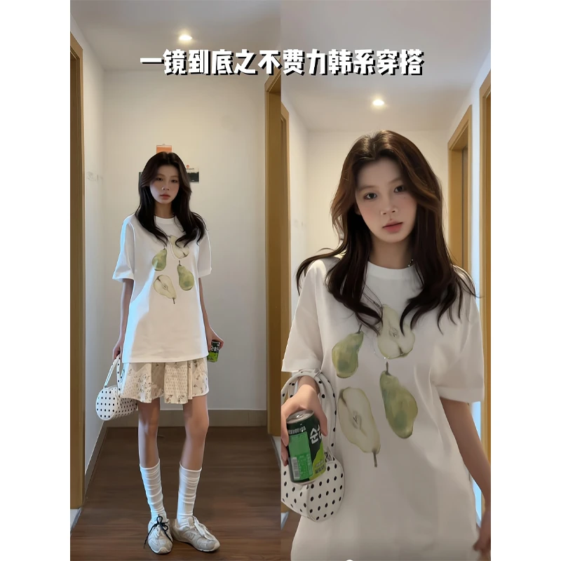韩系创意水果印花设计感短袖t恤百搭上衣半身裙碎花裙宽松短裙子
