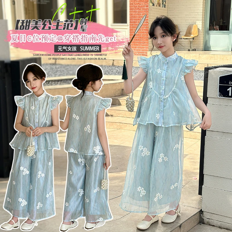 2025款女中大童夏季甜美汉服休闲风单排扣女孩古风洋气连衣裙套装