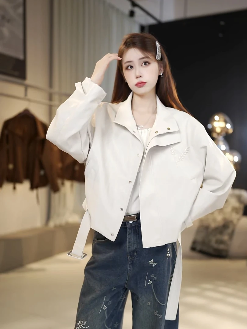 2025秋季新款手工钉珠美式复古机车风皮衣外套女宽松休闲百搭上衣