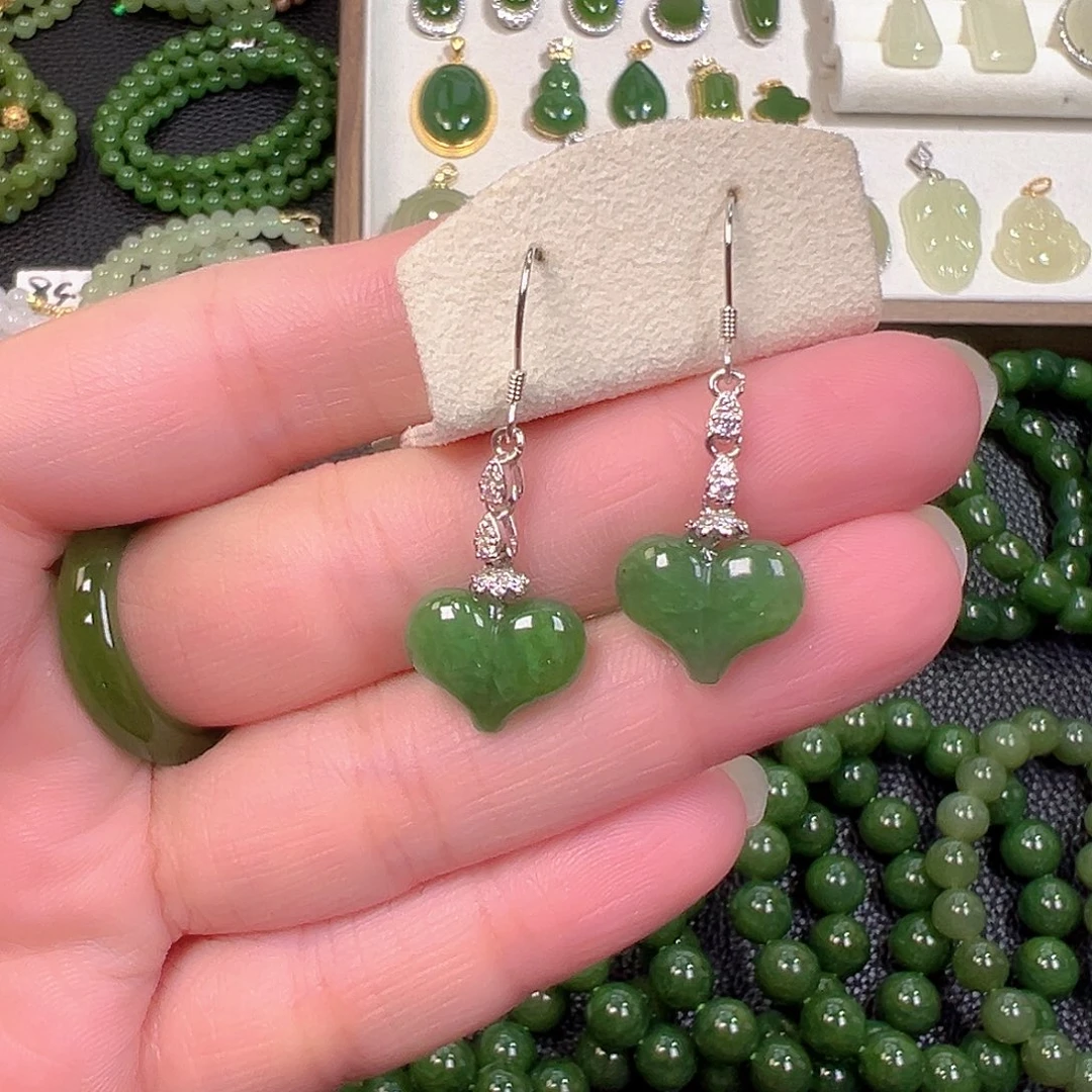 和田玉（碧玉）银S925镶嵌耳饰