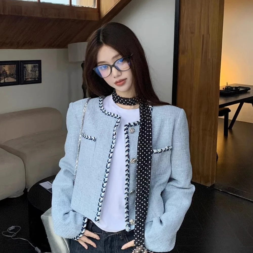 【有运费险】法式时尚短款蓝色小香风外套气质高级感粗花呢ZF8922