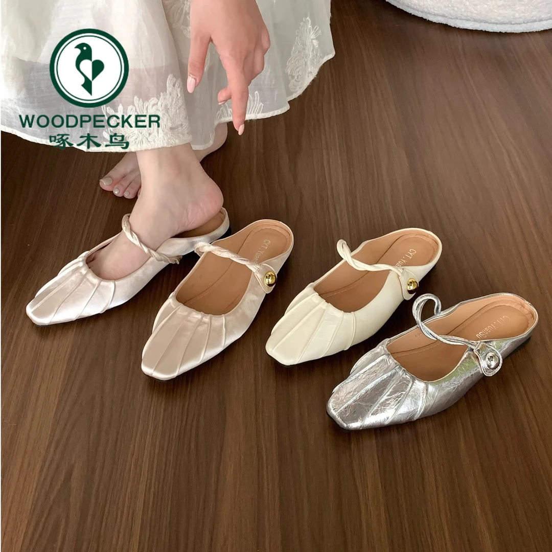 啄木鸟法式褶皱平底半拖鞋女2025夏季新款仙女风气质包头穆勒鞋