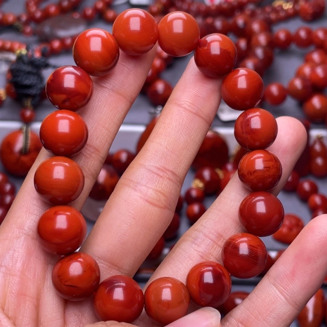 南红玛瑙未镶嵌其他天然原矿）12mm瓦西柿子满肉圆珠手串