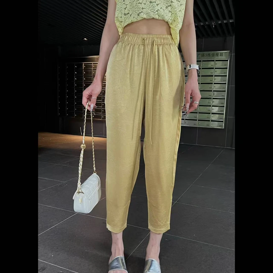 TANMEI 女士夏季醋酸冰丝九分哈伦裤宽松高腰垂感显瘦休闲裤