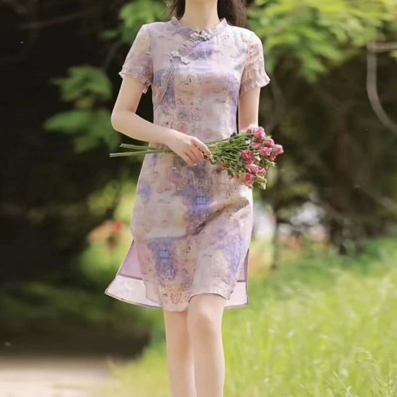 时尚改良旗袍连衣裙女2025年春夏新款气质复古汉服简约印花A字裙