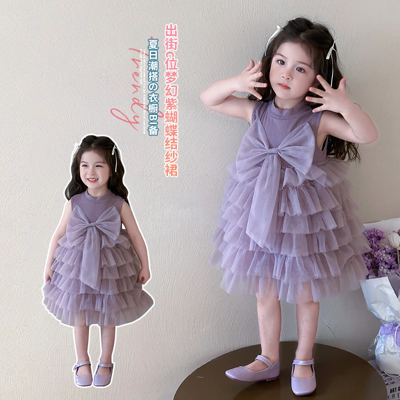 女童夏季连衣裙2025新款儿童洋气无袖蝴蝶结蛋糕裙女宝春装公主裙