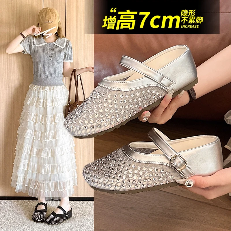 真皮7cm厚底增高水钻包头凉拖鞋女2025新款夏季外穿半托单鞋凉鞋