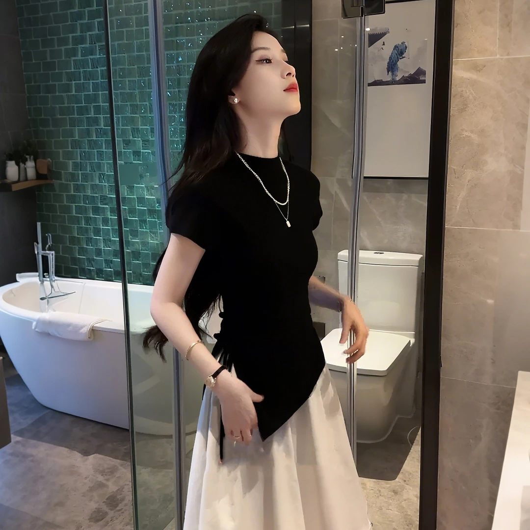 纯棉今年流行不规则抽绳系带短袖t恤女夏季新款修身显瘦开叉上衣