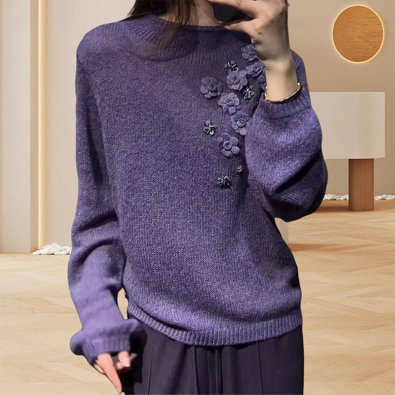 紫色圆领独特大气复古毛衣女2025秋季新款宽松厚款花朵提花针织衫