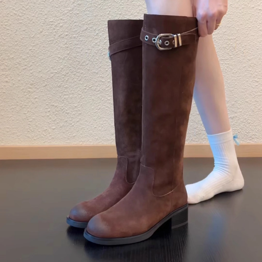 Pokoy-4cm皮带扣女气质时尚不过膝骑士靴高筒靴秋冬季高筒靴子