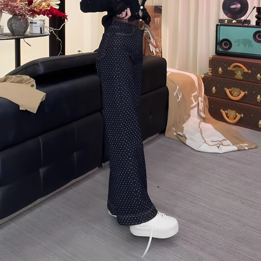 ZYY【都市漫旅】2025/S新品复古深蓝波点牛仔阔腿长裤X25QNZK03135