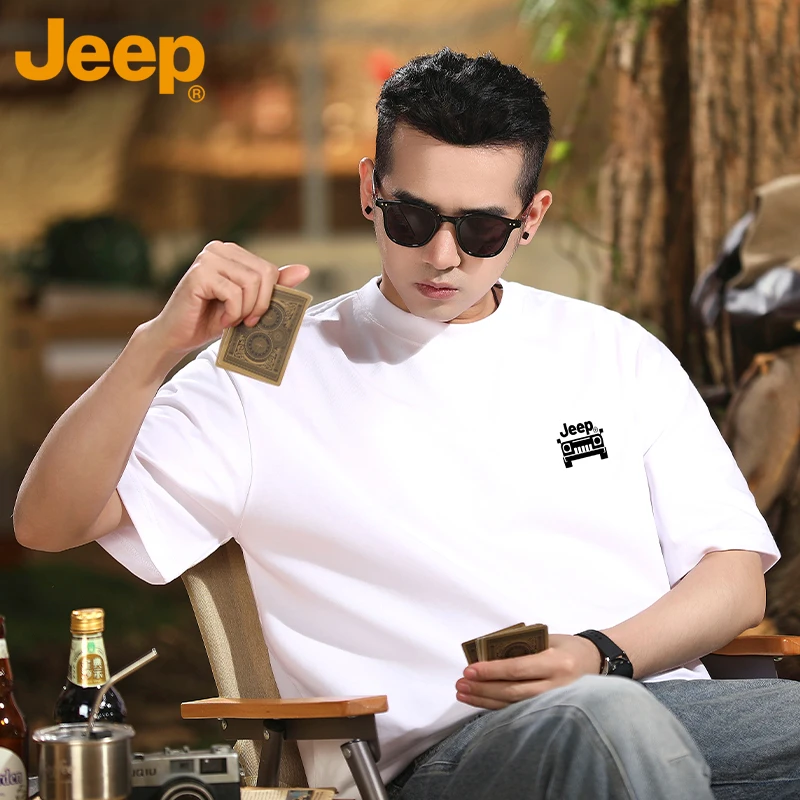 JEEP/吉普重磅纯棉短袖t恤男士胖子不显胖宽松遮大肚子大码衣服潮