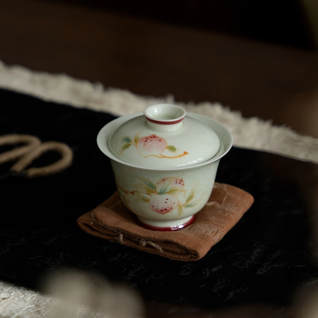 所器果青桃问青时盖碗手绘寿桃陶瓷泡茶碗功夫茶具家用茶碗高白瓷