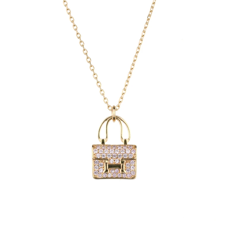 吊坠925银合成锆石 粉色满钻包包项链