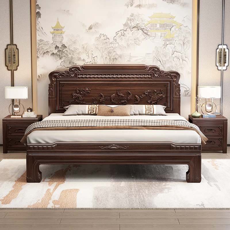 902#【年年有鱼】南美檀木实木雕花双人床家用主卧婚床古典实木大床