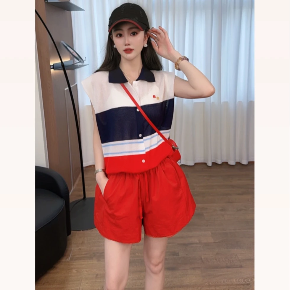 【大霏推荐】刺绣翻领拼色条纹系扣针织开衫抽绳时尚背心上衣