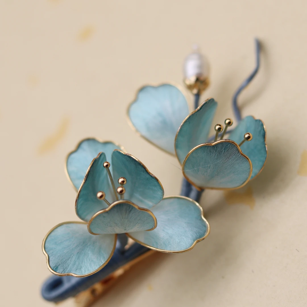 清蓝 蚕丝绒花夹子头饰发饰饰品发夹