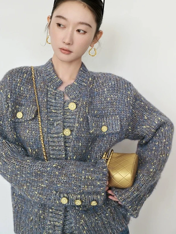 意大利雪花纱毛衣针织衫开衫小香风外套开春穿搭9798