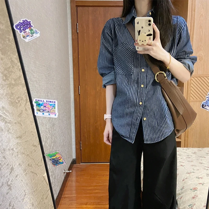 港式复古蓝色条纹衬衫女装秋季2025新款宽松休闲薄款外套上衣