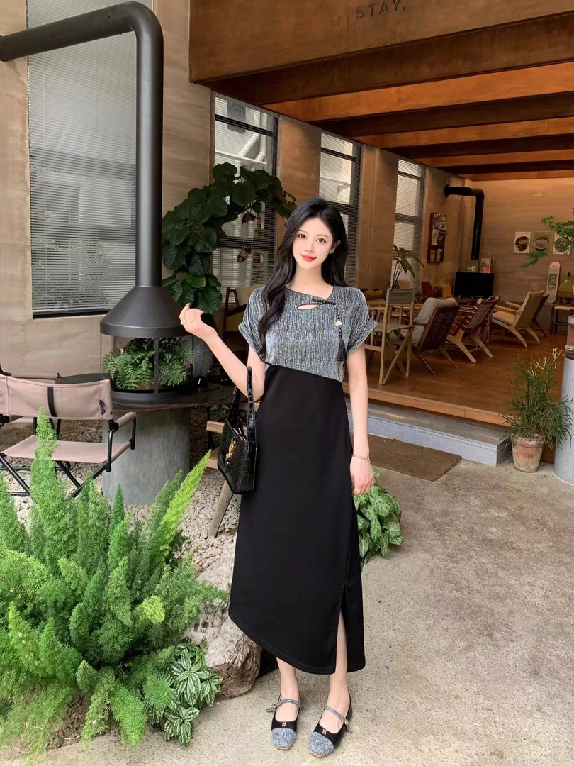 新中式国风假两件连衣裙设计感小众气质减龄短袖拼接裙