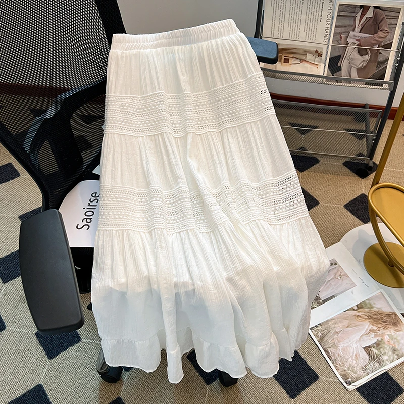 白色半身裙女装2025夏季花苞裙高腰显瘦中长款蕾丝镂空A字蛋糕裙