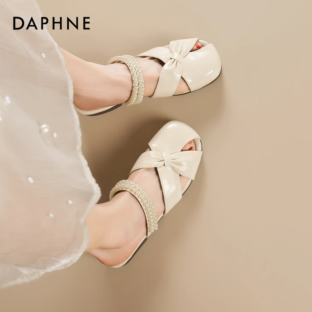 达芙妮网红爆款仙女风包头拖鞋女2025夏季配裙子珍珠玛丽珍凉拖鞋