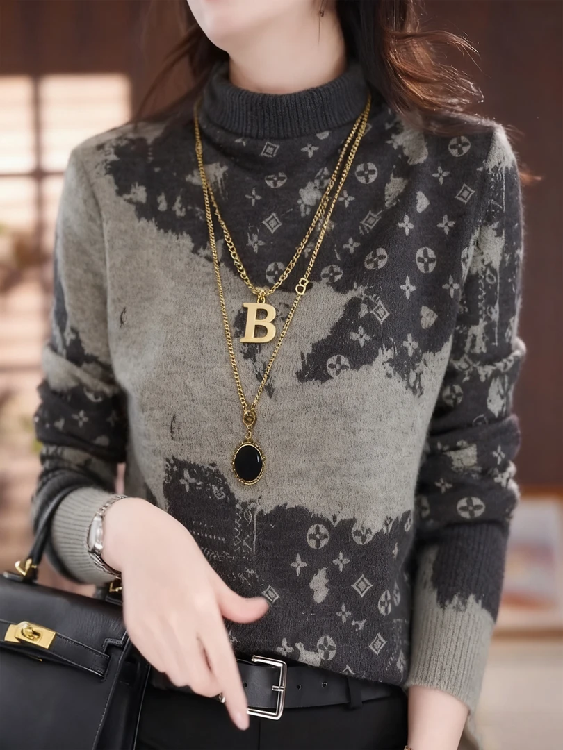 半高领欧货独特别致打底衫女妈妈秋冬季洋气内搭撞色印花长袖上衣