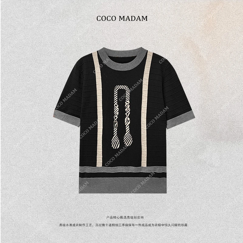 NIUNIU ·T-280 100强碾扬子纱撞色提花圆领针织短袖上衣