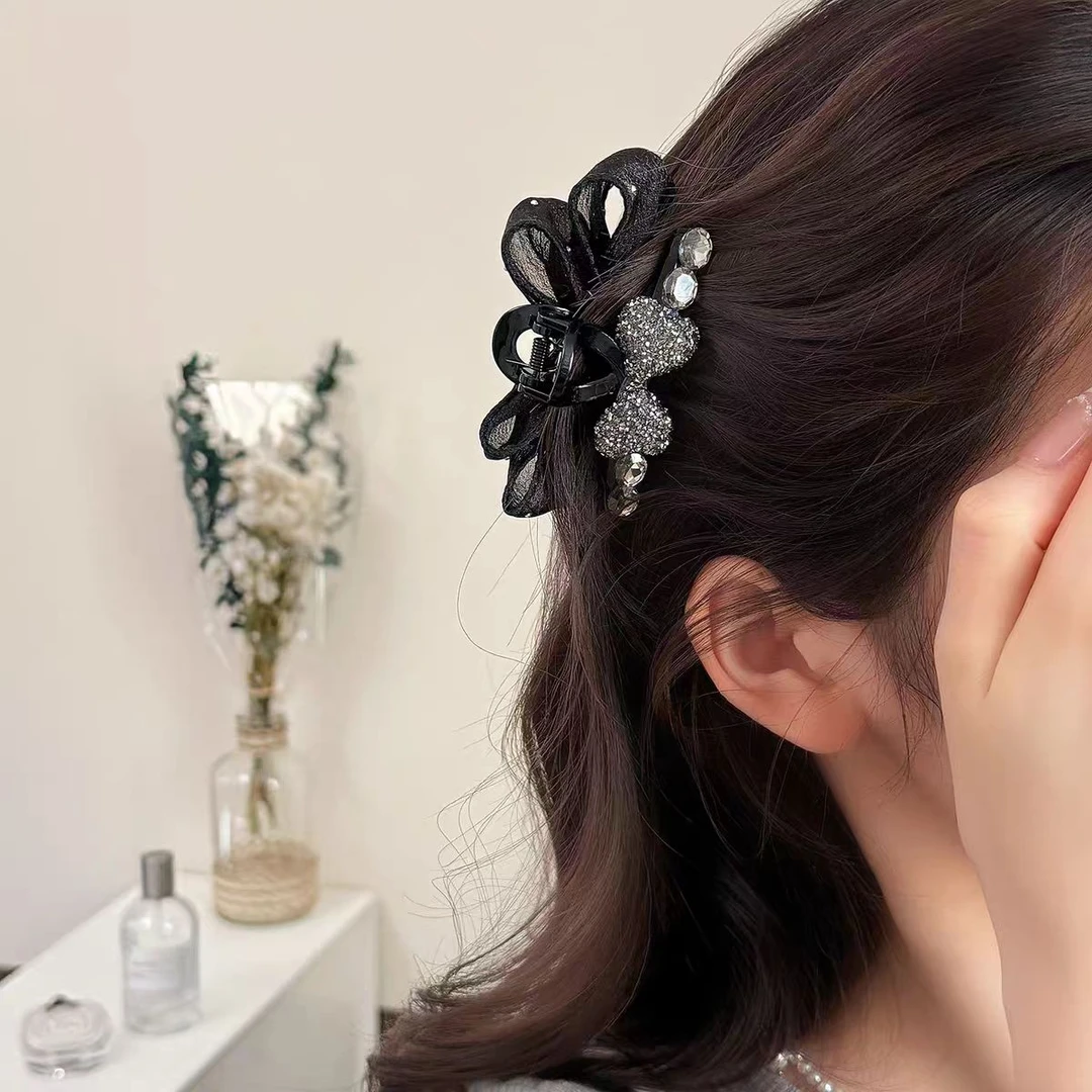 25新款气质轻奢高级感AB面水钻网纱抓夹侧边刘海夹网红黑色小抓夹