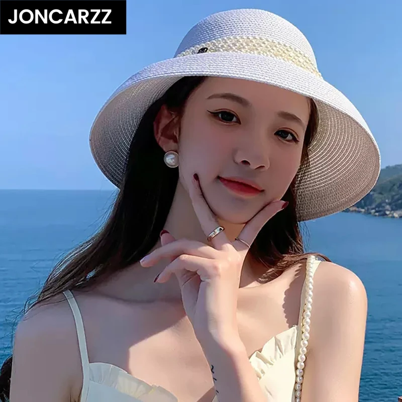 JONCARZZ防晒大帽檐珍珠草帽女夏季海边度假沙滩帽户外遮阳帽