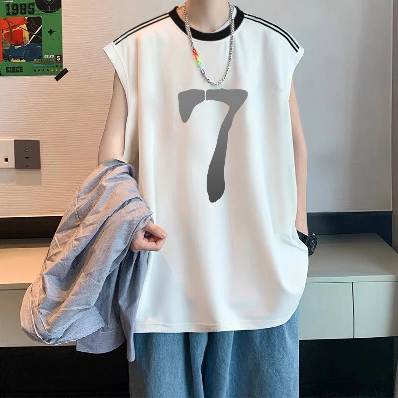 男生无袖t恤夏季ins潮牌美式青少年休闲宽松大码坎肩运动背心学生