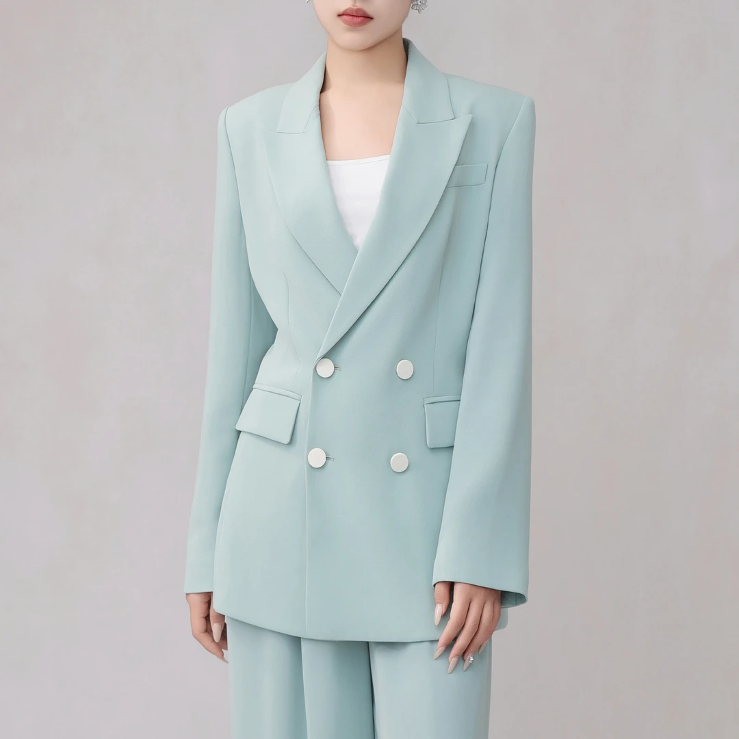 AMASS/阿玛施新款气质纯色双排长款洋气时尚通勤西装外套女