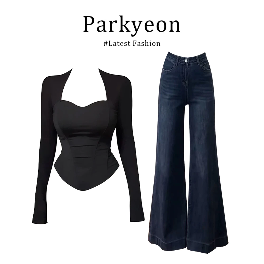 INS CEC黑色鱼骨坎肩长袖显瘦辣妹上衣高腰修身微喇牛仔裤套装女