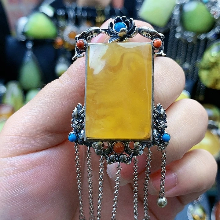 琥珀裸石银S925镶嵌坠