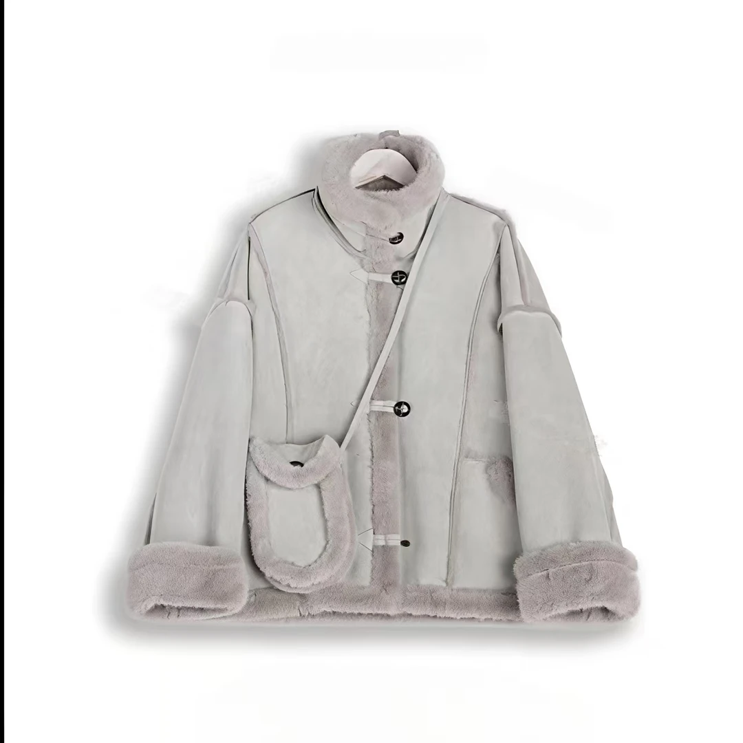 T（送包包）时尚慵懒风拼接立领机车服冬季加厚短外套