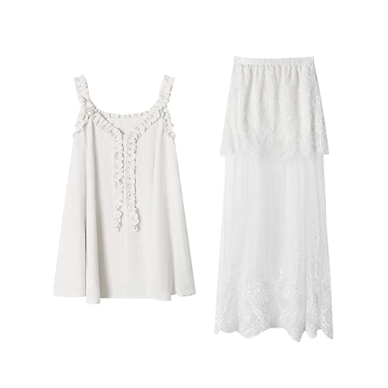 法式轻奢高级感木耳边V领上衣无袖气质上衣高腰垂感半身裙套装