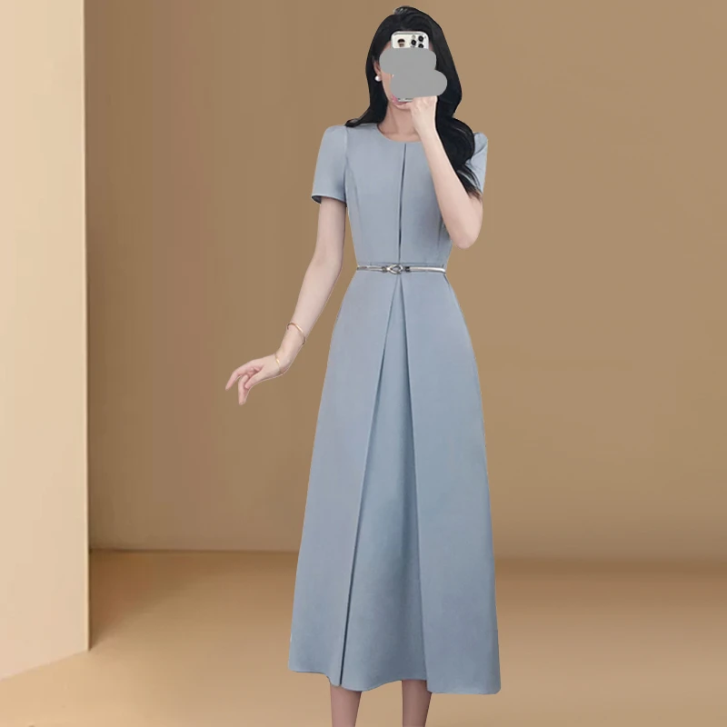 法式简约短袖连衣裙2025夏季新款收腰显瘦高级感中长款女士裙子