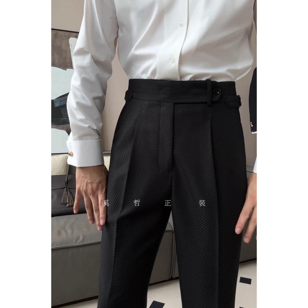 新款高腰复古绅士人字纹肌理感那不勒斯西裤22200男士休闲裤轻奢