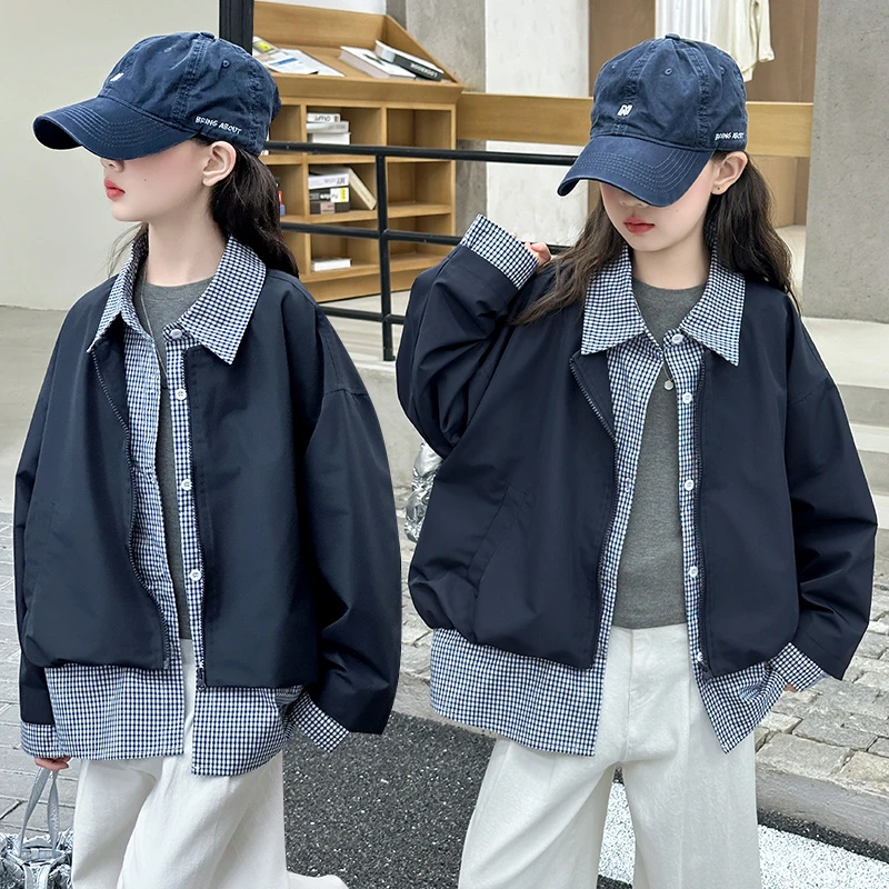 女童秋季外套翻领休闲风春秋常规拉链夹克韩版宽松时尚假两件上衣