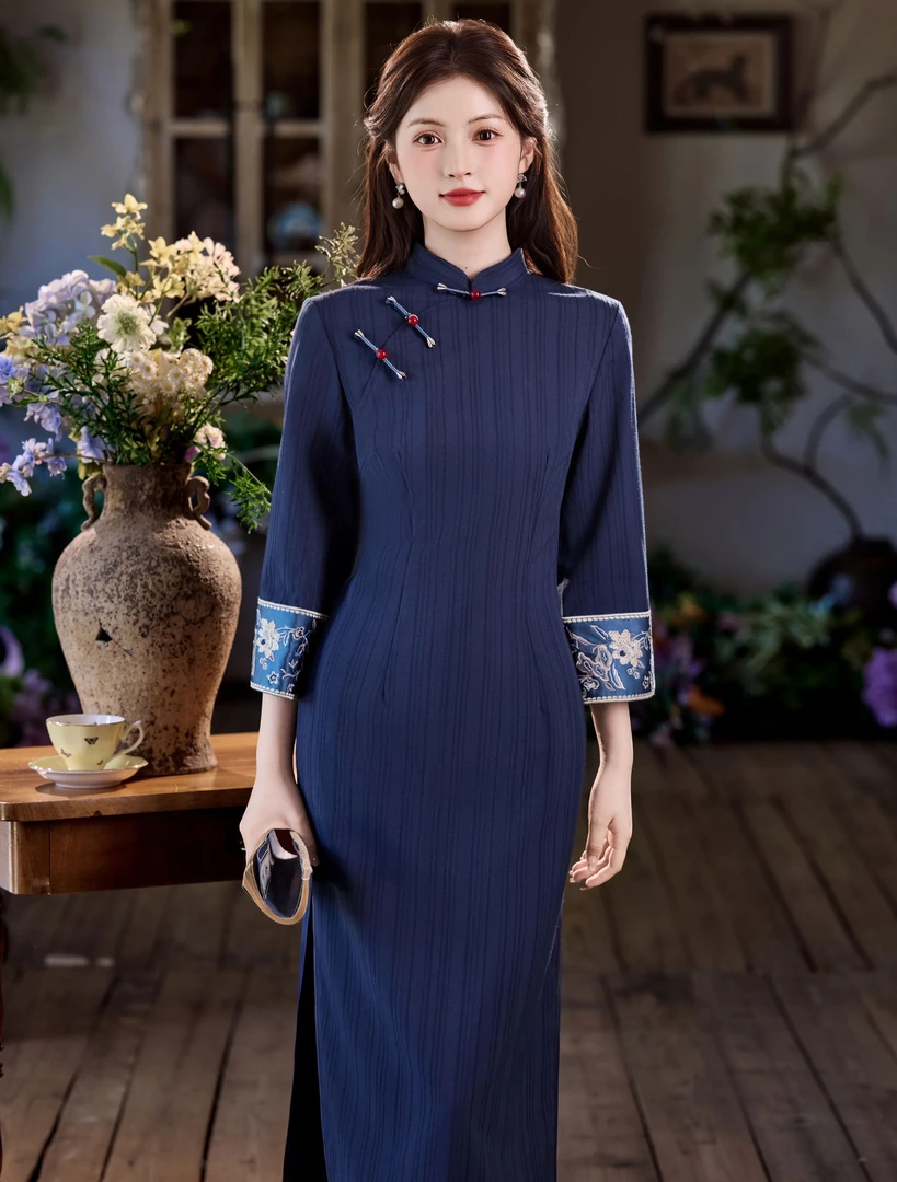 蓝色复古民国风旗袍2025秋季新款气质高端改良修身连衣裙国风日常