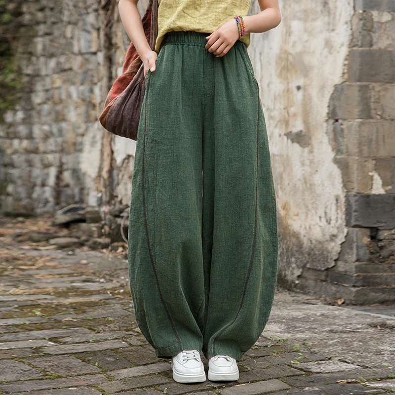 22025夏季复古长裤苎麻砂洗炒色做旧宽松裤子女式禅修打坐灯笼裤
